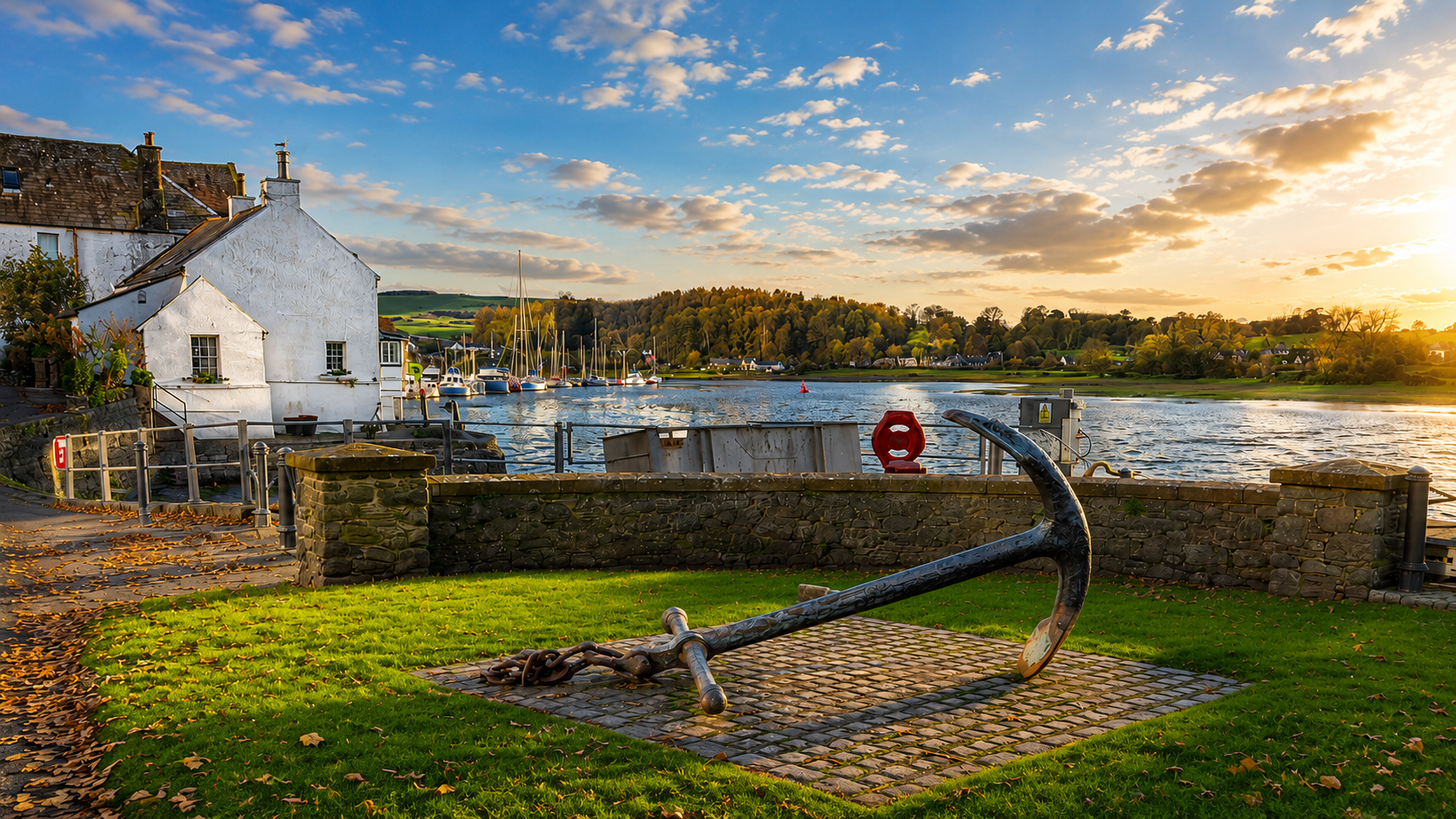 Kirkcudbright harbour with the historic anchor overlooking the water