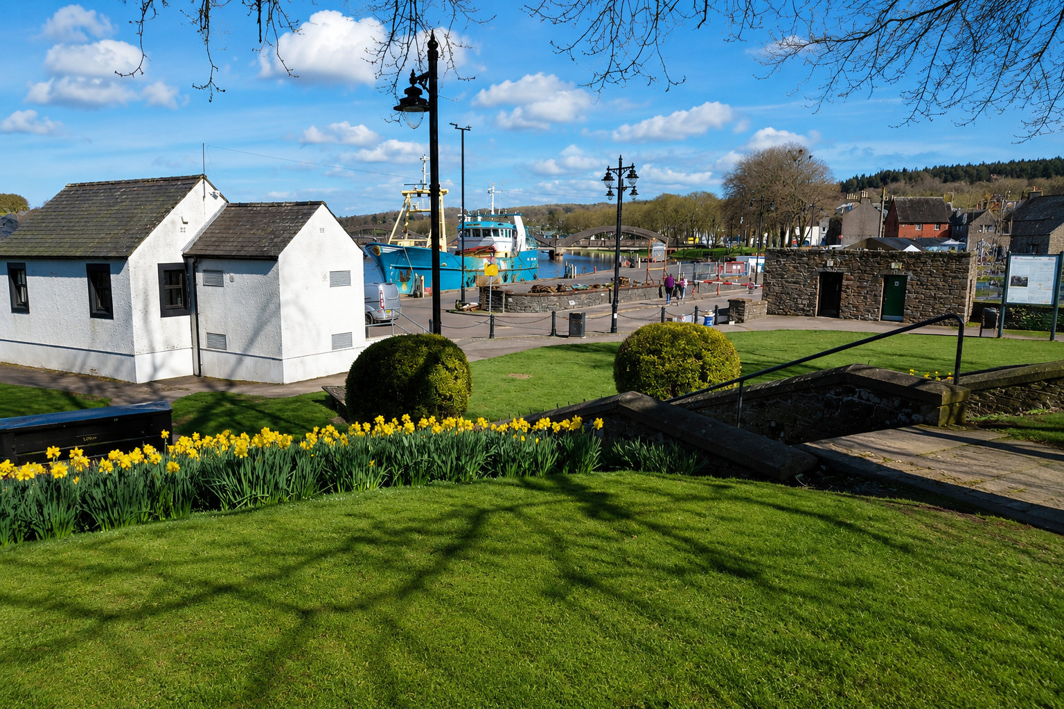 Kirkcudbright harbour park overlooking the waterfront